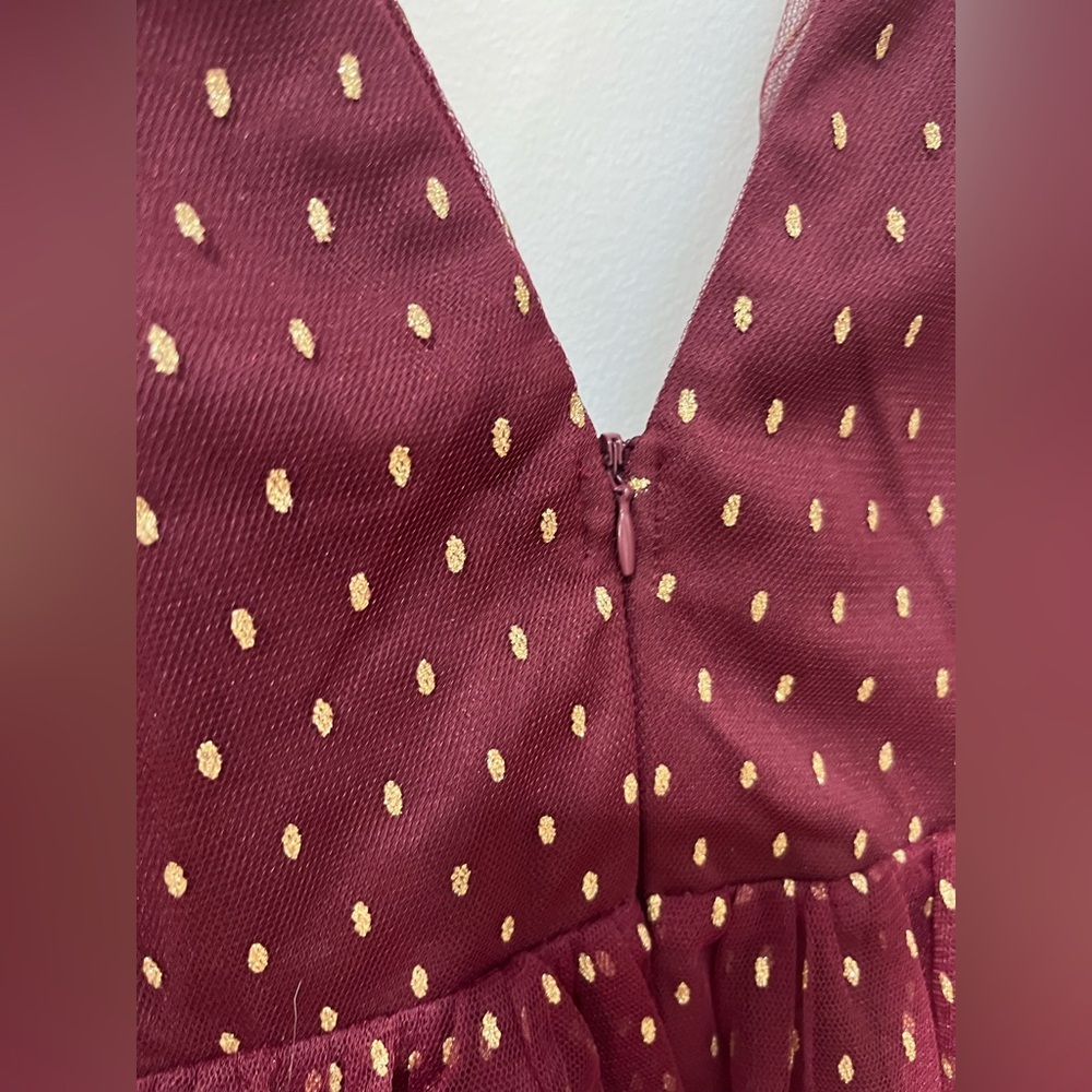 Lulus Forever Sparkling burgundy dotted mesh tiered mini dress size Medium - Picture 8 of 9